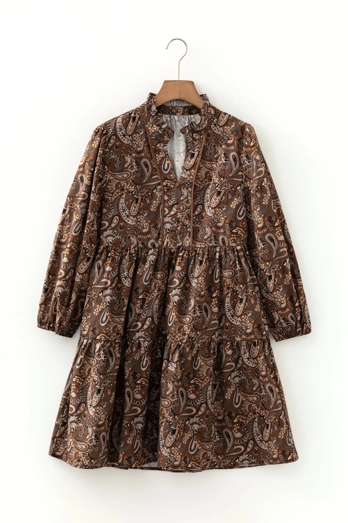 Paisley Print Half Buttons Puff Sleeve Flowy Short Dress - Dresses/Mini Dresses