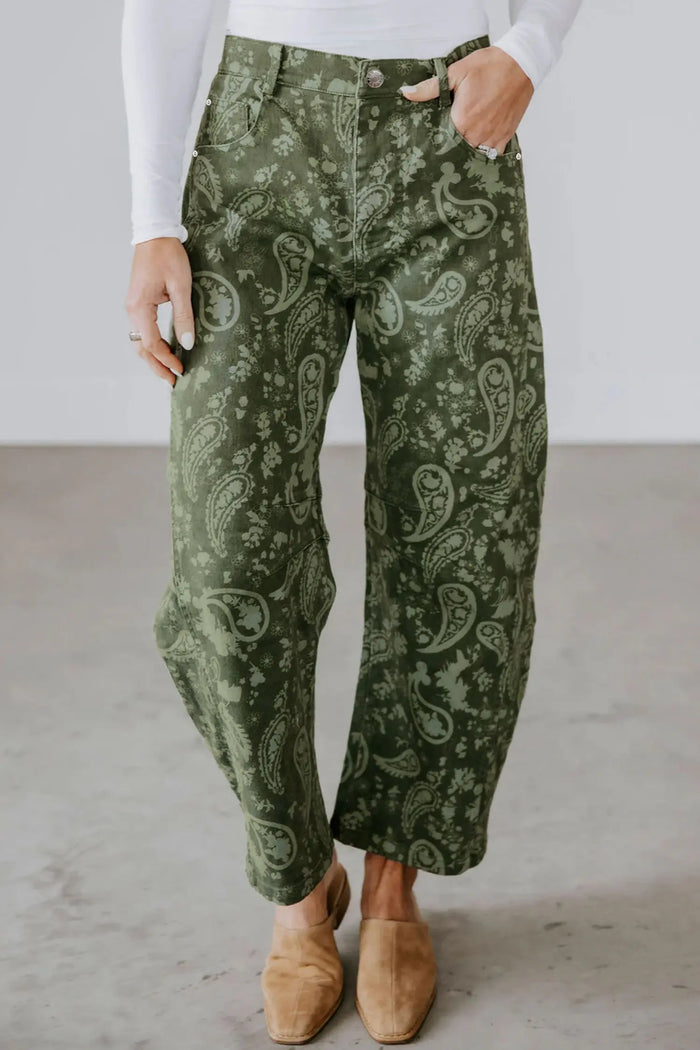 Paisley Print Harem Denim Pants – Green