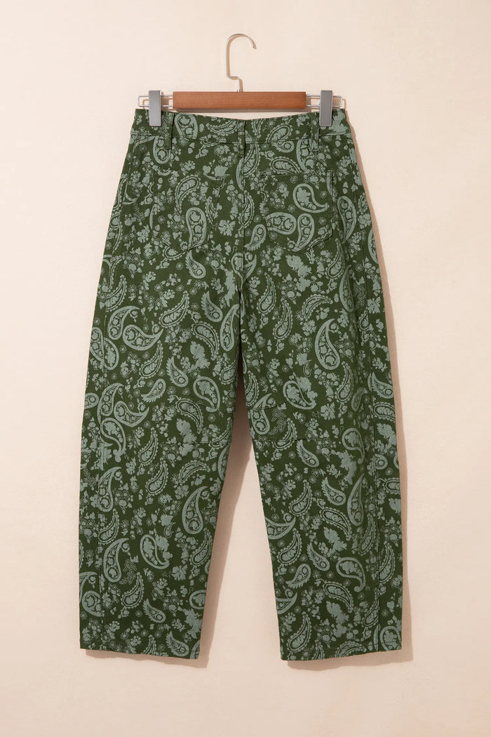 Paisley Print Harem Denim Pants – Green