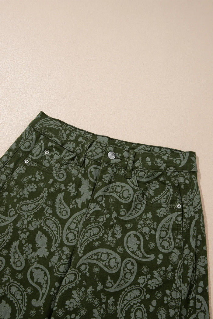 Paisley Print Harem Denim Pants – Green