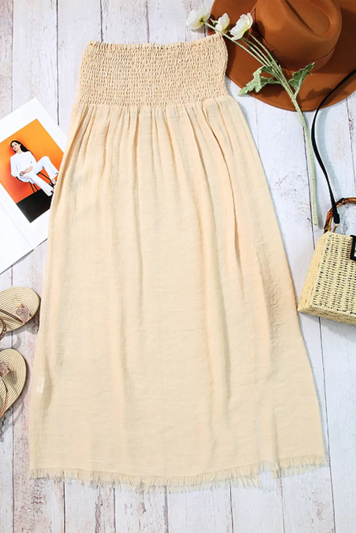 Pale Khaki Shirred High Waist Split Maxi Beach Skirt