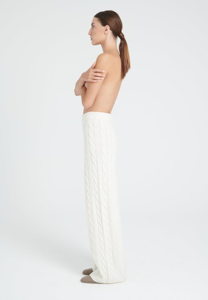 ZAYA 6 Pantalon à maille torsadée en cachemire 6 fils blanc écru