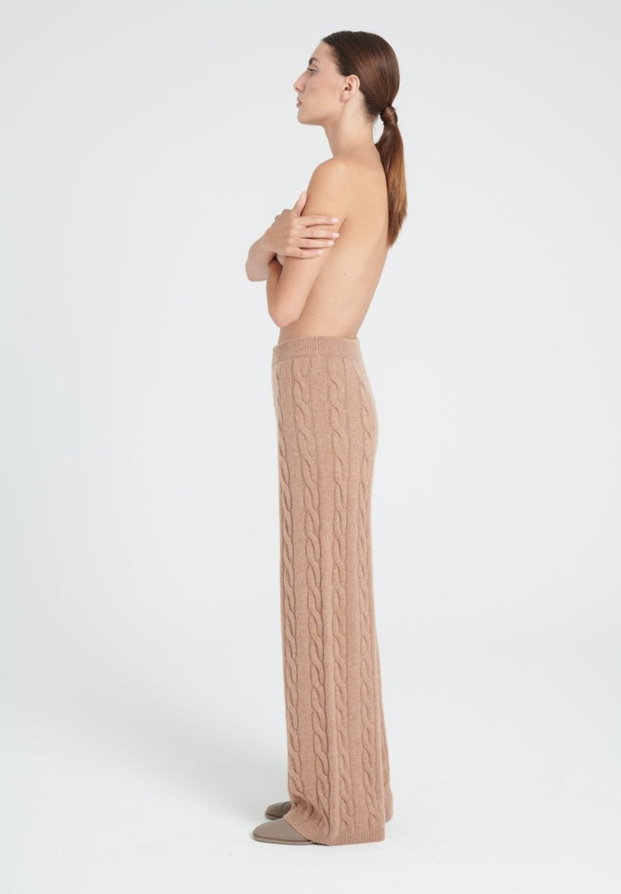 ZAYA 6 Pantalon à maille torsadée en cachemire 6 fils camel