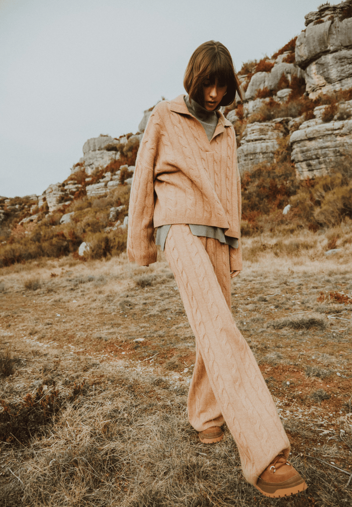 ZAYA 6 Pantalon à maille torsadée en cachemire 6 fils camel