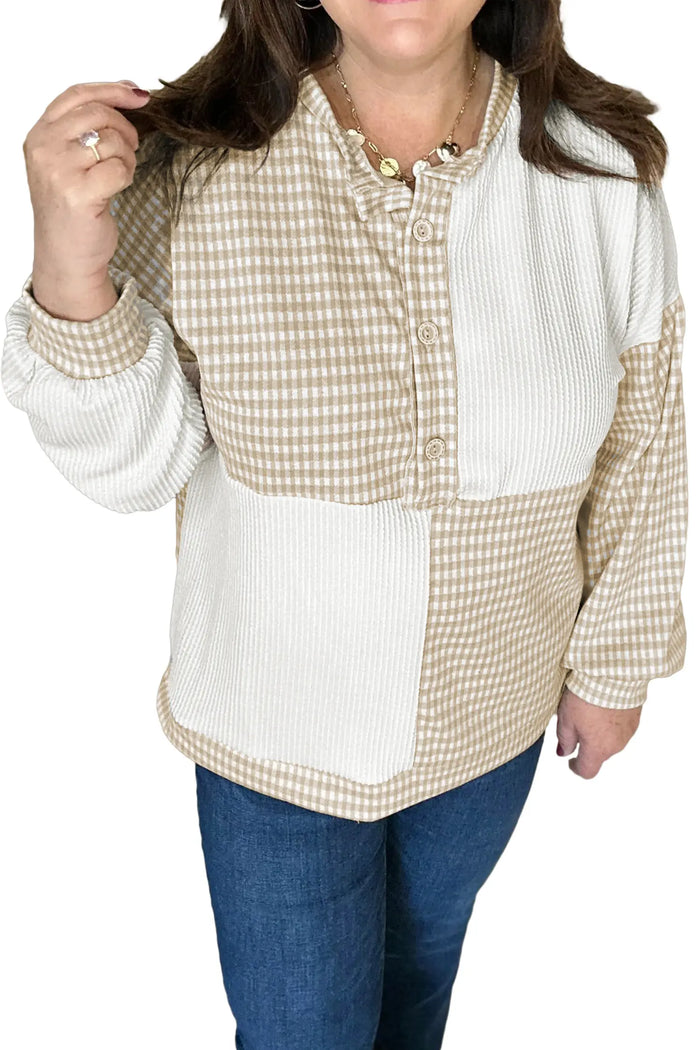 Patchwork Checkered Long Sleeve Round Neck Plus Size Blouse – Khaki