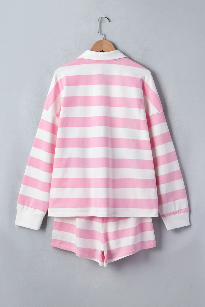 Patchwork Zipper Pullover Elastic Waist Shorts 2pcs Set – Pink Stripe