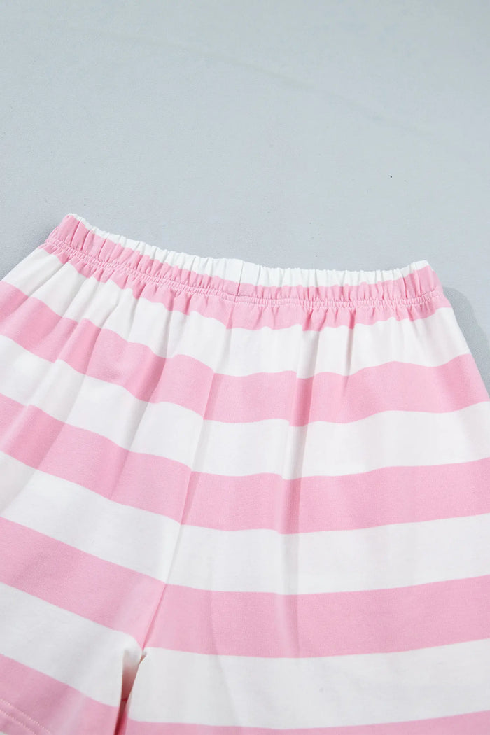 Patchwork Zipper Pullover Elastic Waist Shorts 2pcs Set – Pink Stripe