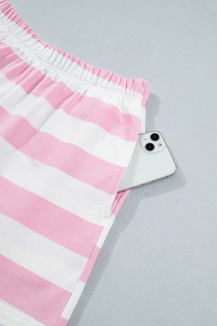 Patchwork Zipper Pullover Elastic Waist Shorts 2pcs Set – Pink Stripe
