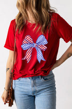 Patriotic American Flag Bow Graphic T-Shirt – Festive Red