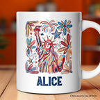 Patriotic Statue of Liberty and Fireworks Personalized Mug, Festive 4th of July Gift with Custom Name Personalized Ceramic Mug OrnamentallyYou Customized