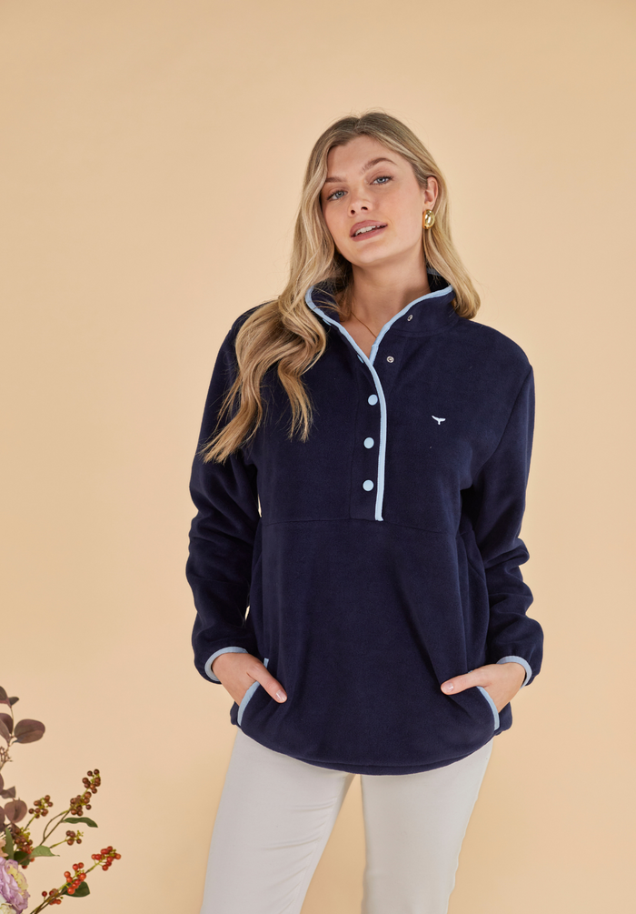 Pembroke Women's Pullover Fleece - Navy & Light Blue - Whale Of A Time Clothing
