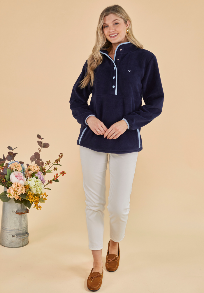 Pembroke Women's Pullover Fleece - Navy & Light Blue - Whale Of A Time Clothing