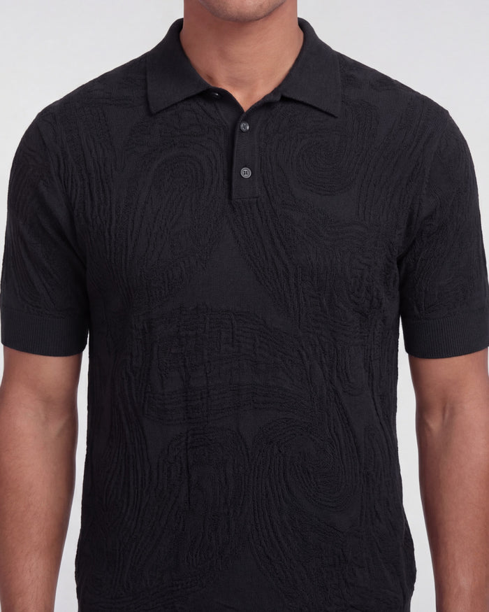 PETERSON BLACK MENS JACQUARD LINEN COTTON POLO