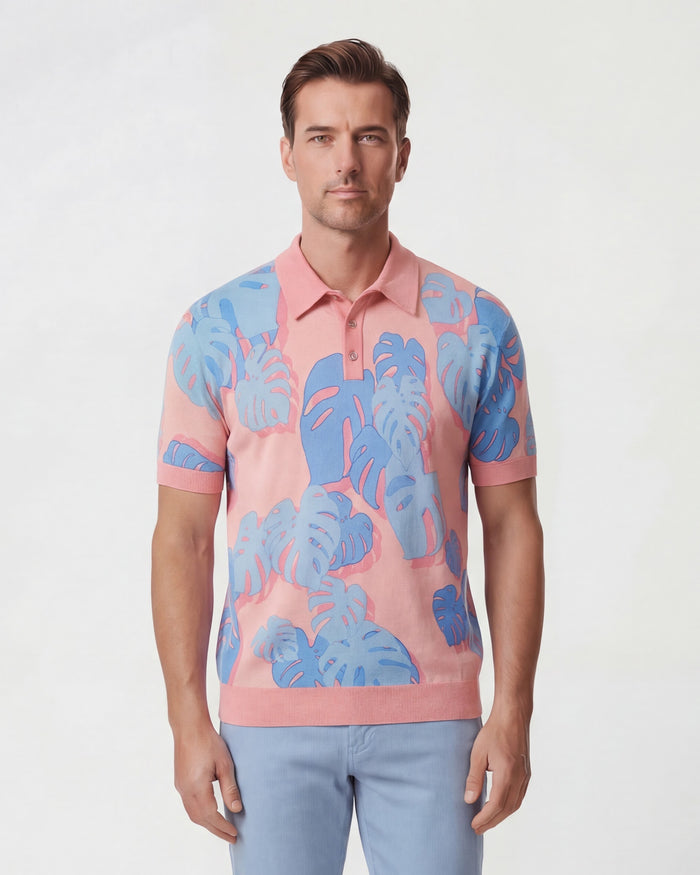 PILGRIM MONSTERA FLORAL CORAL MENS MERINO SILK CASHMERE POLO