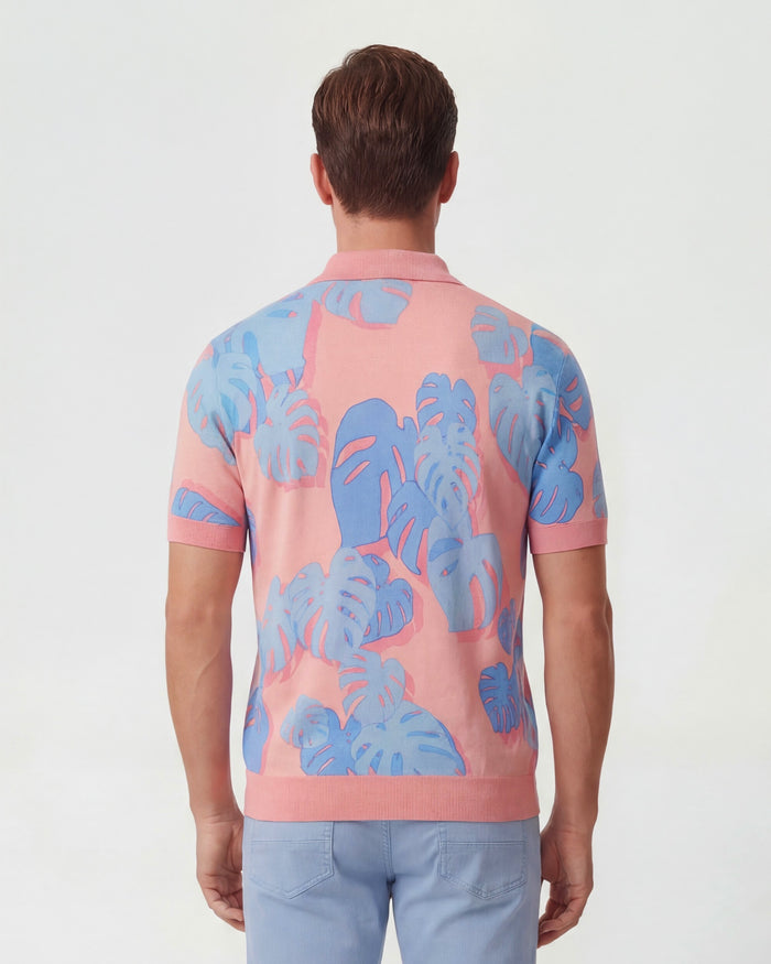 PILGRIM MONSTERA FLORAL CORAL MENS MERINO SILK CASHMERE POLO