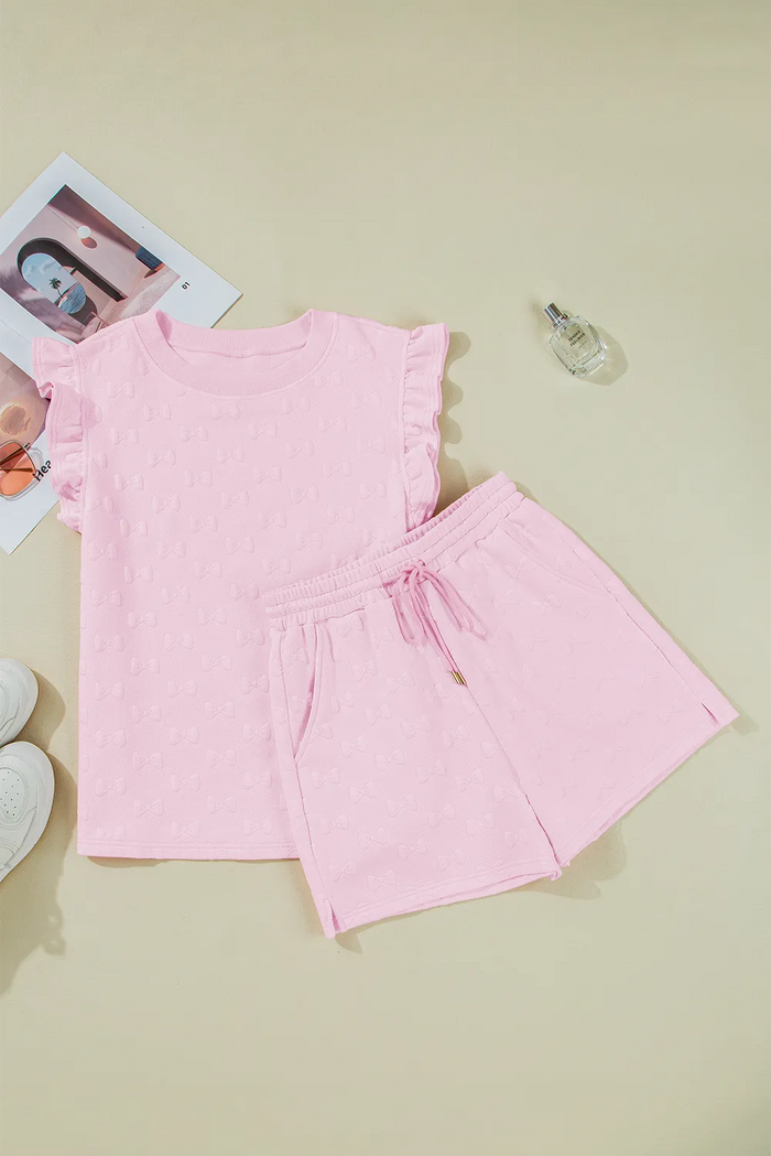 Pink Bow Jacquard Ruffle Sleeve Short 2pcs Outfit Co-ord - S / 97% Polyester + 3% Elastane - Two Piece Sets/Short Sets