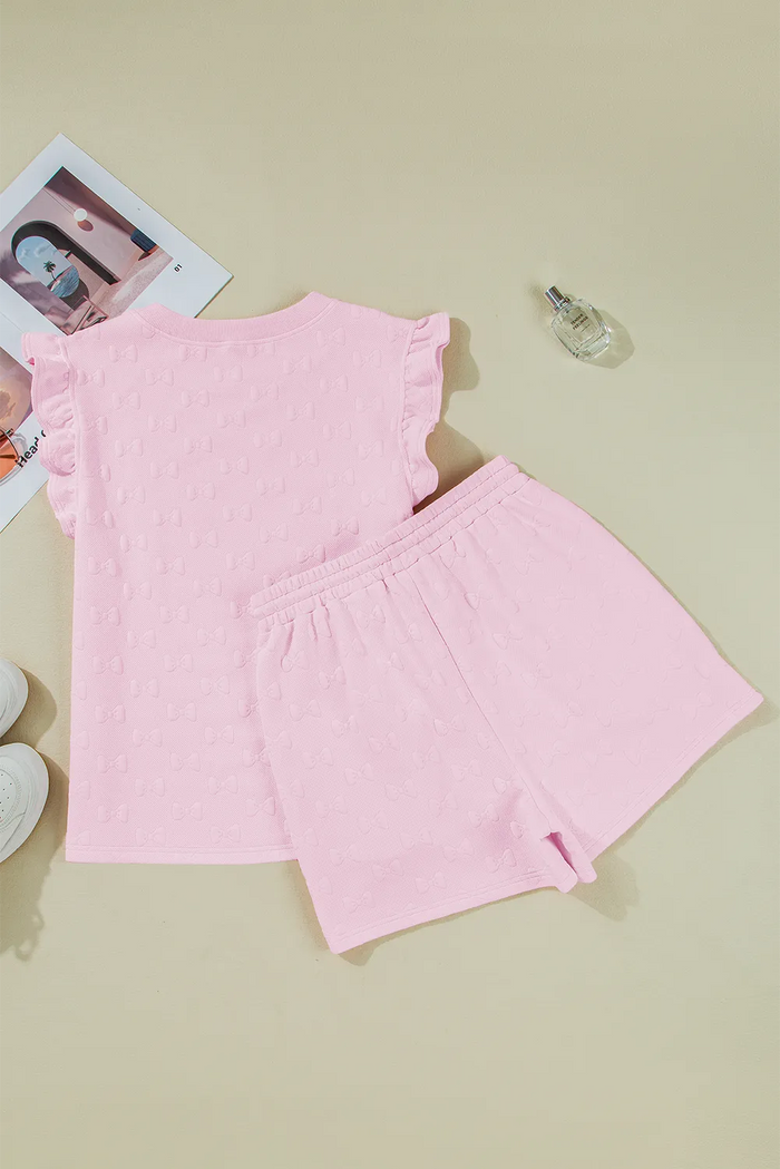 Pink Bow Jacquard Ruffle Sleeve Short 2pcs Outfit Co-ord - Two Piece Sets/Short Sets