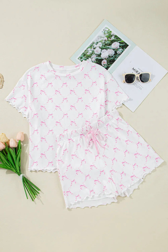 Pink Bow Knot Geometric Print Lettuce Trim Two Piece Pyjamas - Loungewear & Sleepwear/Pyjama Shorts