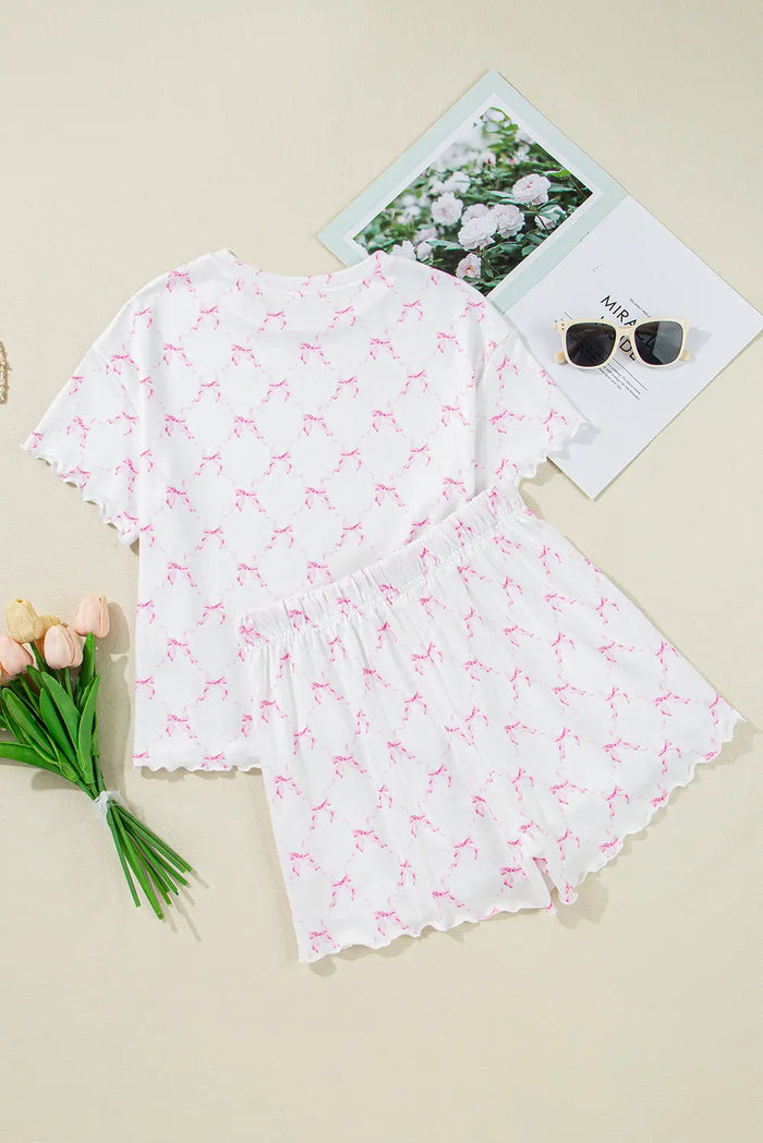 Pink Bow Knot Geometric Print Lettuce Trim Two Piece Pyjamas - Loungewear & Sleepwear/Pyjama Shorts