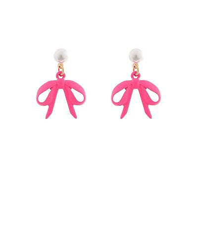 Pink bow drop earrings with faux pearl studs displayed on a white background from The Pink Doxie Boutique.