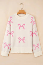 Pink Bow Print Ribbed Trim Exposed Seam Drop Shoulder Loose Sweater - Sweaters & Cardigans/Sweaters