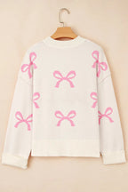 Pink Bow Print Ribbed Trim Exposed Seam Drop Shoulder Loose Sweater - Sweaters & Cardigans/Sweaters