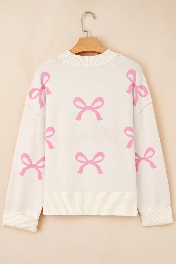 Pink Bow Print Ribbed Trim Exposed Seam Drop Shoulder Loose Sweater - Sweaters & Cardigans/Sweaters