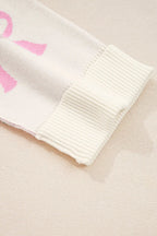 Pink Bow Print Ribbed Trim Exposed Seam Drop Shoulder Loose Sweater - Sweaters & Cardigans/Sweaters