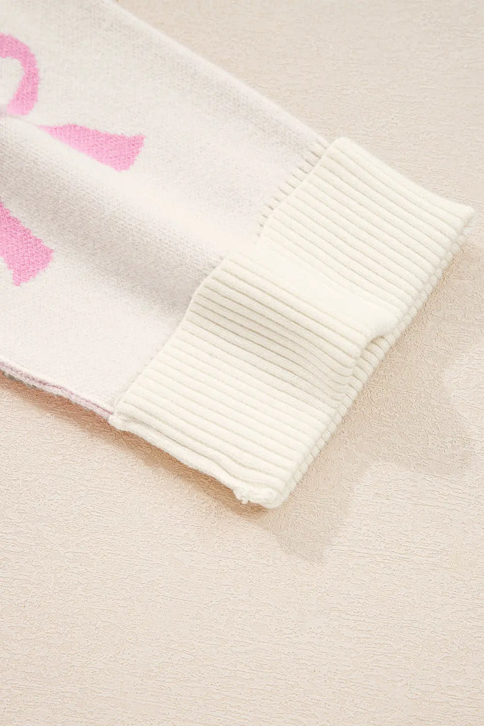 Pink Bow Print Ribbed Trim Exposed Seam Drop Shoulder Loose Sweater - Sweaters & Cardigans/Sweaters