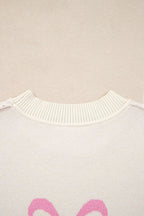 Pink Bow Print Ribbed Trim Exposed Seam Drop Shoulder Loose Sweater - Sweaters & Cardigans/Sweaters