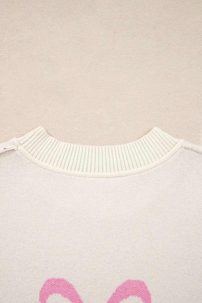 Pink Bow Print Ribbed Trim Exposed Seam Drop Shoulder Loose Sweater - Sweaters & Cardigans/Sweaters