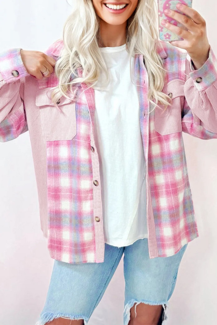Pink Brushed Plaid Ribbed Flap Pockets Patchwork Shacket - S - Outerwear/Jackets