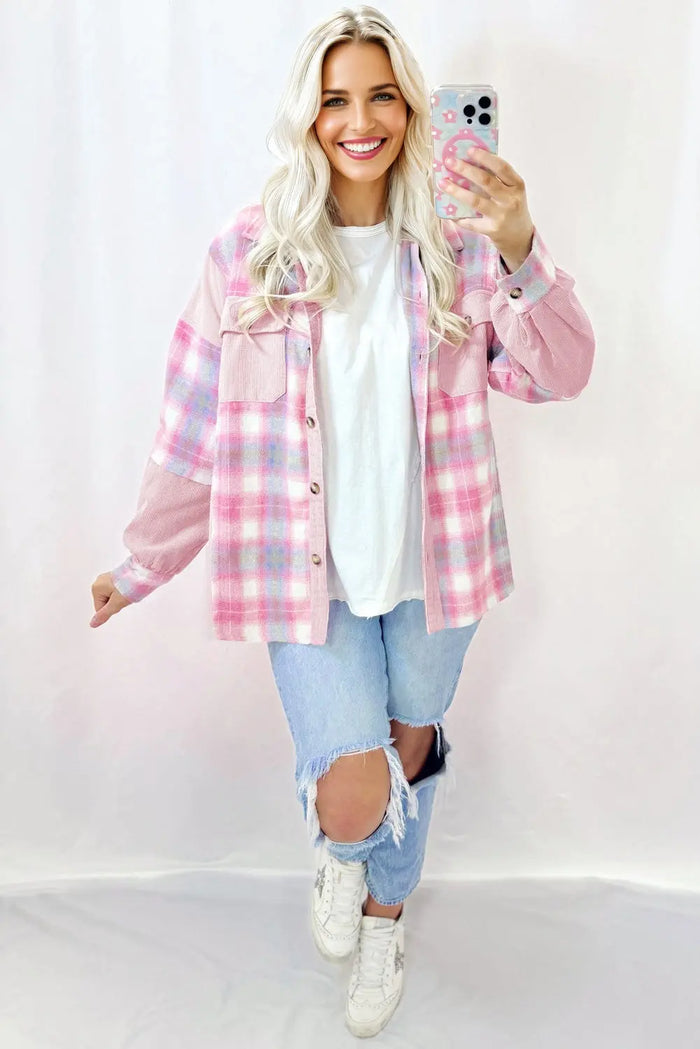 Pink Brushed Plaid Ribbed Flap Pockets Patchwork Shacket - Outerwear/Jackets