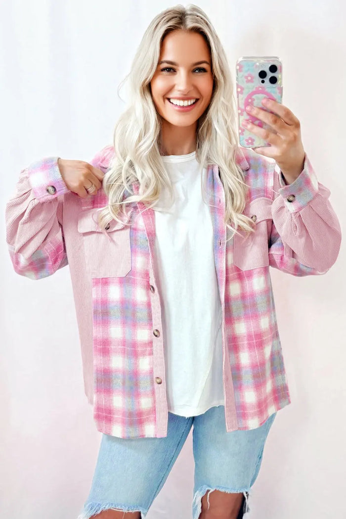 Pink Brushed Plaid Ribbed Flap Pockets Patchwork Shacket - Outerwear/Jackets