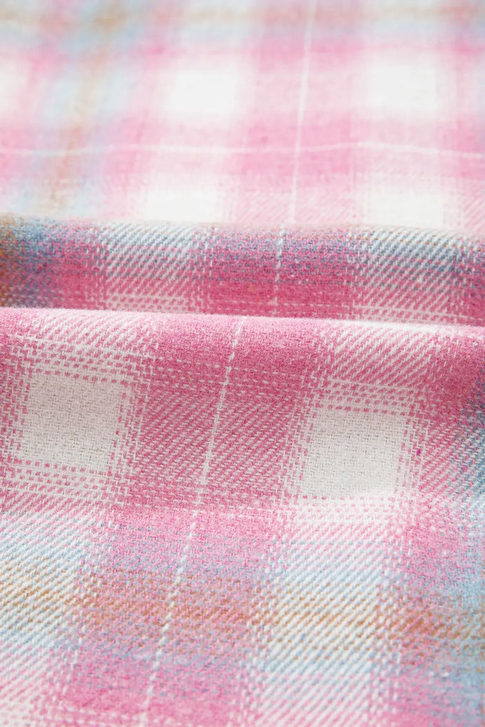 Pink Brushed Plaid Ribbed Flap Pockets Patchwork Shacket - Outerwear/Jackets