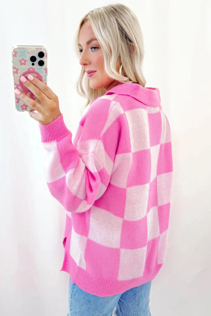 Pink Checkerboard Half Button Collared Drop Shoulder Sweater - Sweaters & Cardigans/Sweaters