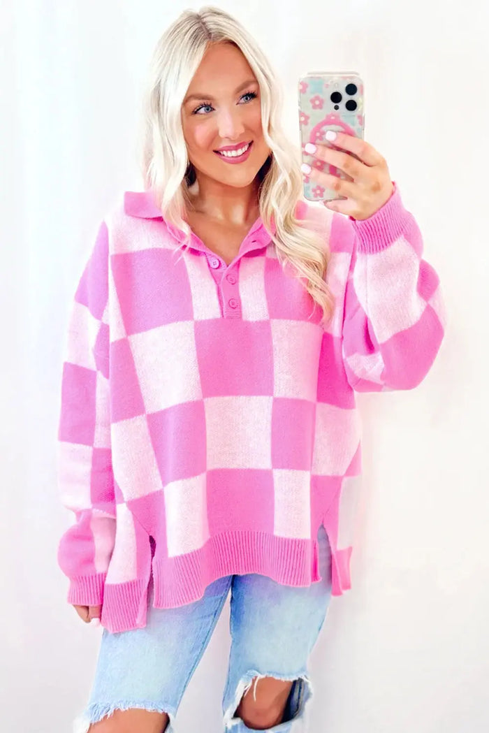 Pink Checkerboard Half Button Collared Drop Shoulder Sweater - Sweaters & Cardigans/Sweaters