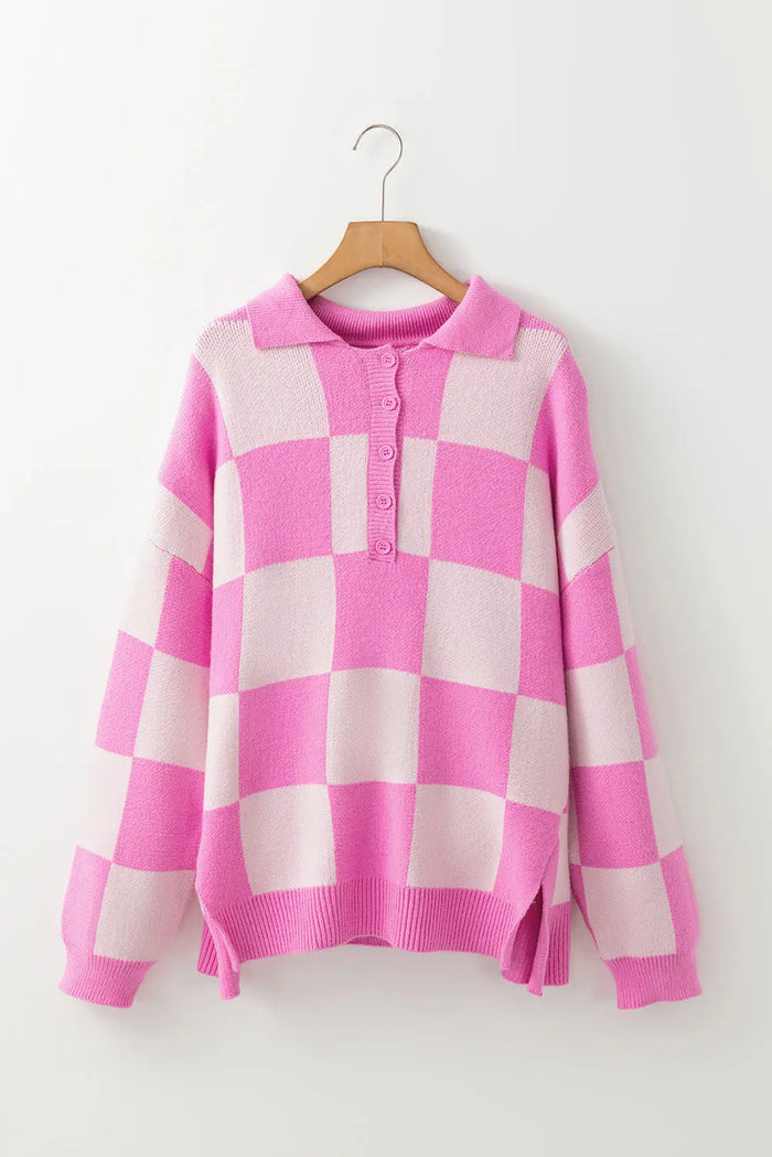 Pink Checkerboard Half Button Collared Drop Shoulder Sweater - Sweaters & Cardigans/Sweaters
