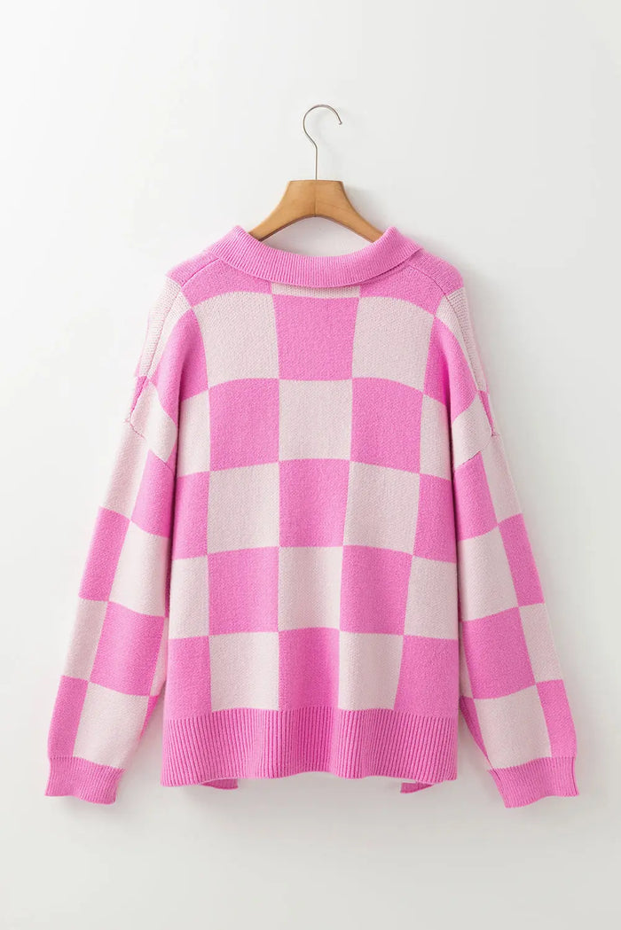 Pink Checkerboard Half Button Collared Drop Shoulder Sweater - Sweaters & Cardigans/Sweaters