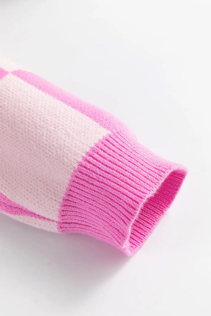 Pink Checkerboard Half Button Collared Drop Shoulder Sweater - Sweaters & Cardigans/Sweaters