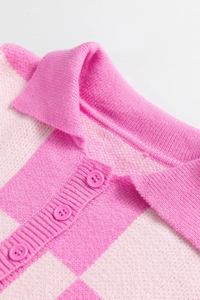 Pink Checkerboard Half Button Collared Drop Shoulder Sweater - Sweaters & Cardigans/Sweaters