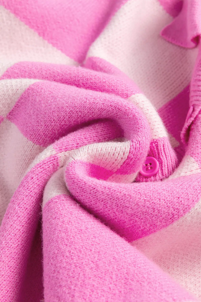 Pink Checkerboard Half Button Collared Drop Shoulder Sweater - Sweaters & Cardigans/Sweaters