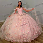 Pink Crystal Appliques 3D Flower Quinceanera Dresses Ball Gown