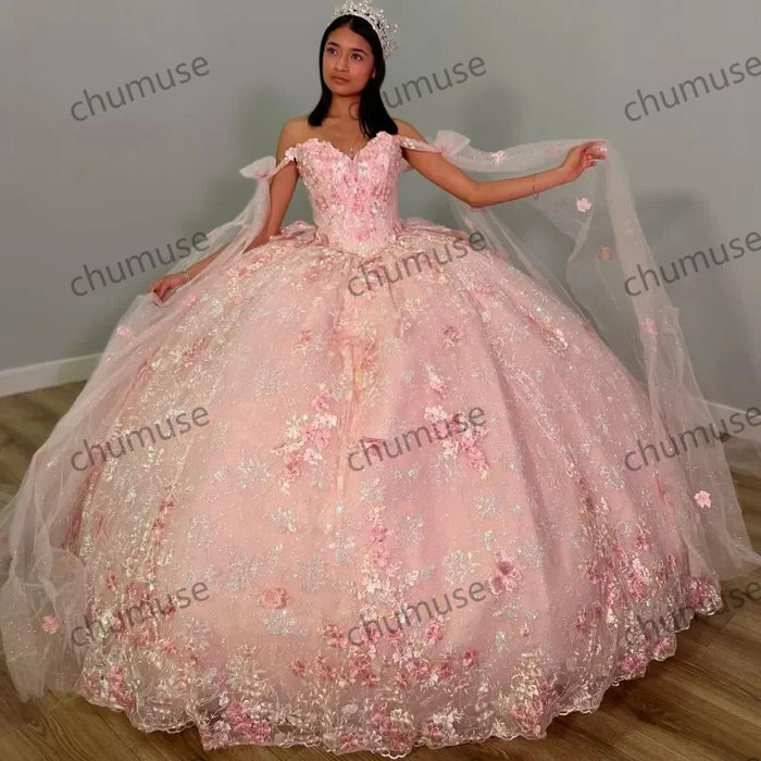 Pink Crystal Appliques 3D Flower Quinceanera Dresses Ball Gown