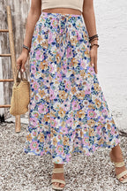Pink Floral Print Lace-up High Waist Ruffle Hem Maxi Skirt