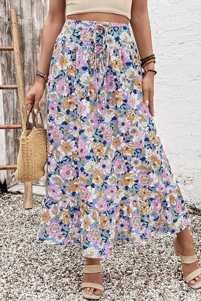 Pink Floral Print Lace-up High Waist Ruffle Hem Maxi Skirt