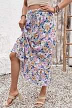 Pink Floral Print Lace-up High Waist Ruffle Hem Maxi Skirt