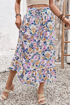 Pink Floral Print Lace-up High Waist Ruffle Hem Maxi Skirt
