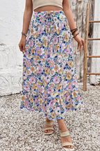 Pink Floral Print Lace-up High Waist Ruffle Hem Maxi Skirt