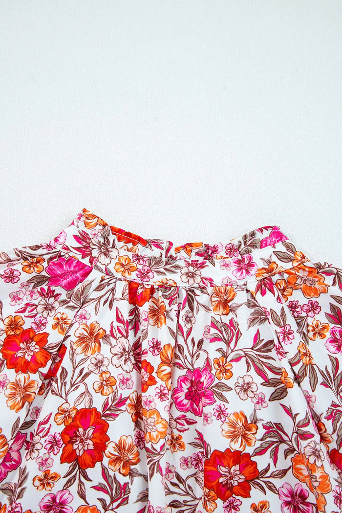 Pink Floral Print Tie Split Neck Bracelet Sleeve Blouse - Tops/Blouses & Shirts